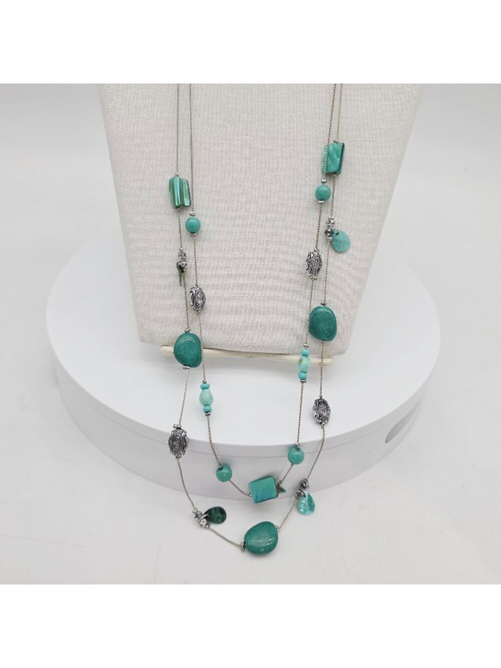 Multi-Strand Silver Necklace With Turquoise Beads & Shell Accents Lobster Clasp